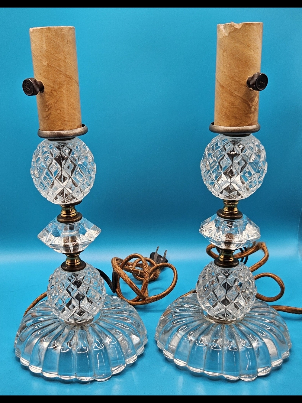 Vintage MCM Cut Glass Boudoir Lamps - Pair